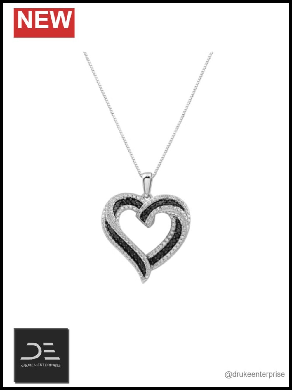 Sterling Silver Heart Pendant Necklace with Black Diamond, 18in Chain Box